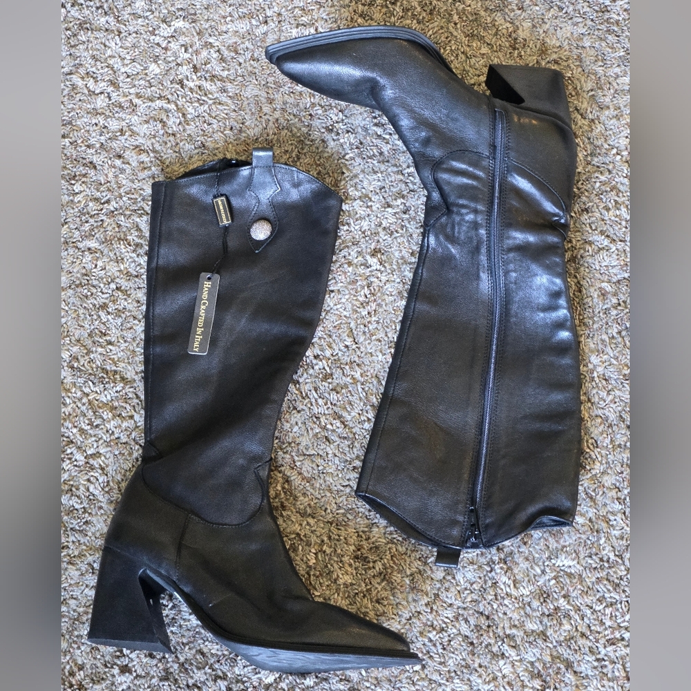 Emanuele Castro Black Tall Italian Leather Boots Size 40 US 9